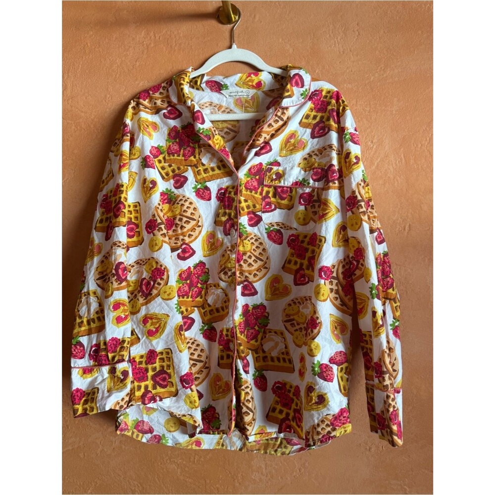 Printfresh Organic Cotton Waffle & Strawberry Pajama Button Front Top Size L